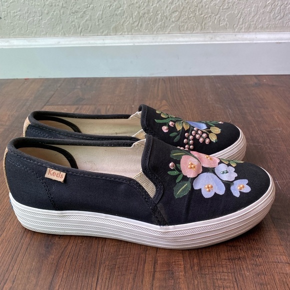 Rifle Paper Co. X Keds Floral Beaded Platform Slip On Black Sneakers SZ 6 - Picture 5 of 15